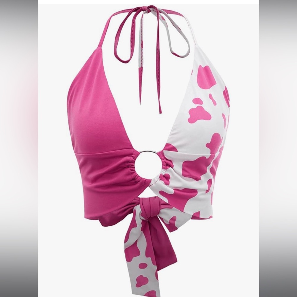 Pink and white cow print crop top